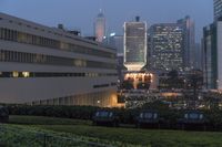 several bins on top of a grassy area by some tall buildings with windows on the side