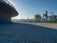 a walkway near palm trees and a large stone structure in a city park area with people walking by