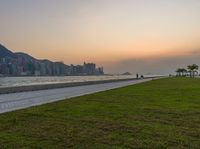 a person is running by the ocean at sunset in hong island, china with green grass on the pavement