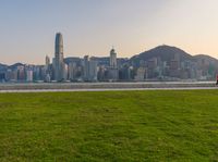 grassy field with city skyline in distance with bright blue sky and mountains in background that has grass covering the ground, green grass, and yellow skies, green grass, mountains,