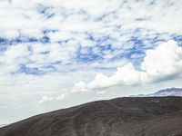 a lone horse in the middle of an arid area on a cloudy day with mountains in the background