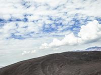 a lone horse in the middle of an arid area on a cloudy day with mountains in the background