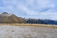 a horse grazing on grass next to mountains with snow capped peaks behind it and a sign that says the turn is now