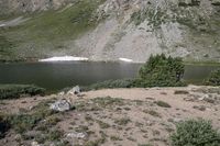 a horse in a field on the bank of a river near a mountain slope with a pond at the end and a mountain in the distance