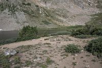 a horse in a field on the bank of a river near a mountain slope with a pond at the end and a mountain in the distance