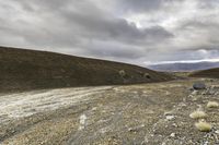 horse running in a dry landscape under cloudy skies and black clouds by itself, with grey rocks strewn all around