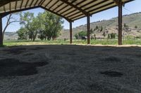 a horse under a shelter at an outdoor area with grass and mountains in the distance