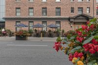 a hotel on a corner near a flower display in the street and outside with red roses