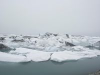 snow, ice, and rocks are in the water, with a person standing at a cliff overlooking the ice floes