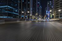 the walkway leads over the city buildings at night, a motion blurers the scene