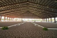 the inside of an arena with stalls and seats on both sides of it and the floor is covered in dirt