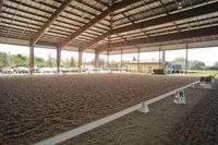 the inside of an indoor arena has a brown and white floor with dirt on it