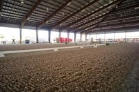 the inside of an indoor arena has a brown and white floor with dirt on it