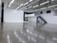 a commercial space features shiny concrete floors and white walls and ceilings with white lights in an industrial facility