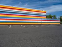 an empty parking lot painted brightly stripes on the wall of the building and sky as well as stones