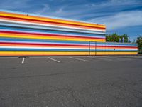 an empty parking lot painted brightly stripes on the wall of the building and sky as well as stones