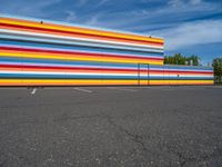 an empty parking lot painted brightly stripes on the wall of the building and sky as well as stones