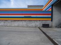 an empty parking lot painted brightly stripes on the wall of the building and sky as well as stones