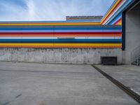 an empty parking lot painted brightly stripes on the wall of the building and sky as well as stones