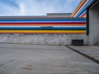 an empty parking lot painted brightly stripes on the wall of the building and sky as well as stones