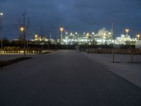 a large oil refinery building lit up by streetlights at night as dusk approaches it