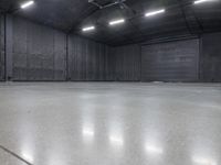 a hangar room with metal walls and lots of windows with recess lighting on the ceiling