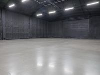 a hangar room with metal walls and lots of windows with recess lighting on the ceiling