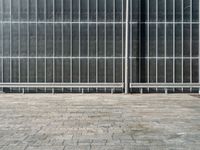 the sidewalk is lined with grey tile bricks and cement squares and a black wall behind