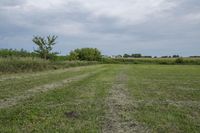 the grass field has patches of dirt along it and a patch of the fence line on the side