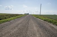 a dirt road stretching into the distance in a rural field near a telephone pole and a telephone pole