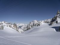 skiers are skiing on the snow with mountains in the background under a clear blue sky