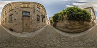 a 360 - eye shot of an old city street shows buildings with trees in front and a bench on the side of each of them