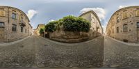 a 3d image of an intersection with trees growing out of rocks near buildings and a paved walkway between two streets