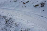 the road has tracks and rocks all around it and there is snow on the ground