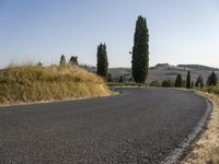 an empty street on a sunny day in the countryside with tall trees and hills to the side