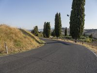 an empty street on a sunny day in the countryside with tall trees and hills to the side