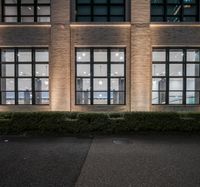the corner of a building that has glass doors in it and bushes growing along the curb