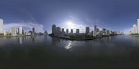 the city skyline is full of skyscrapers and boats in the water in a wide angle