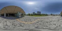 a view of an empty walkway and street from a fisheye lens lensed by two buildings