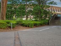 the park has trees on both sides and a fence with no grass on it, along side a road in a wooded area