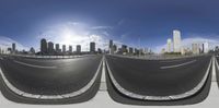 multiple shots of an empty highway with a city skyline in the background in a fish eye view lens