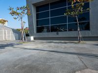 a fire hydrant in the middle of a parking lot near a building with trees and two other plants