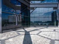 a shadow of a person standing on the sidewalk next to an empty building in front of glass windows