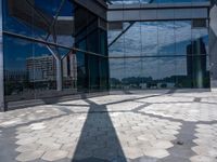 a shadow of a person standing on the sidewalk next to an empty building in front of glass windows