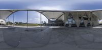 this is an image of the outside of a skate park, taken with fisheye lens