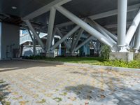 a brick pathway leads from an airport building towards the ground below it there is grass