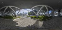 the view through a fisheye panoramic lens of a circular plaza and fountain