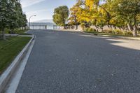 an empty street is shown with an empty parking lot in the background and some trees