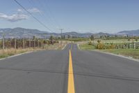 a empty road with a line in it and mountains in the background in autumn colors