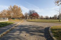 a paved path in the park with trees and grass near it and an asphalt walkway on the right